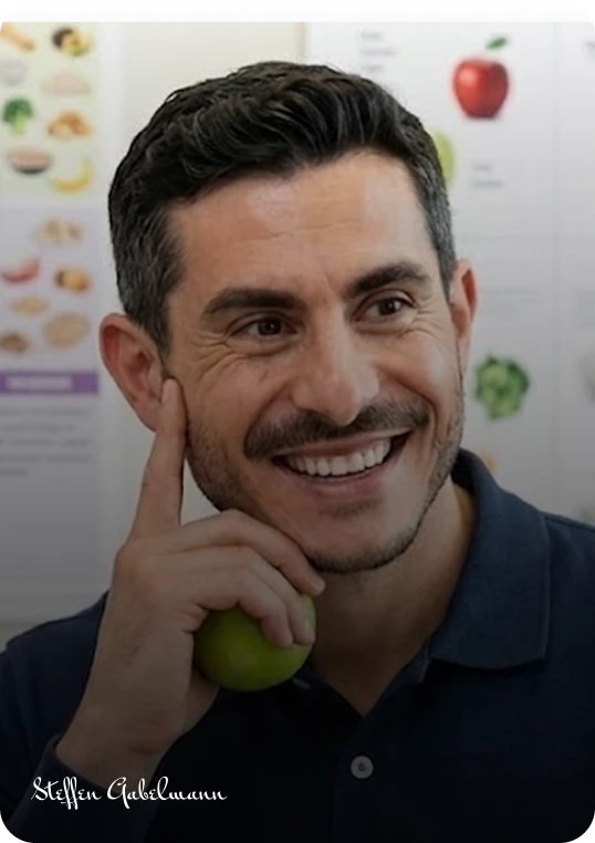 Ernährungsberater Steffen Gabelmann mit Apfel vor einer Ernährungsübersicht
